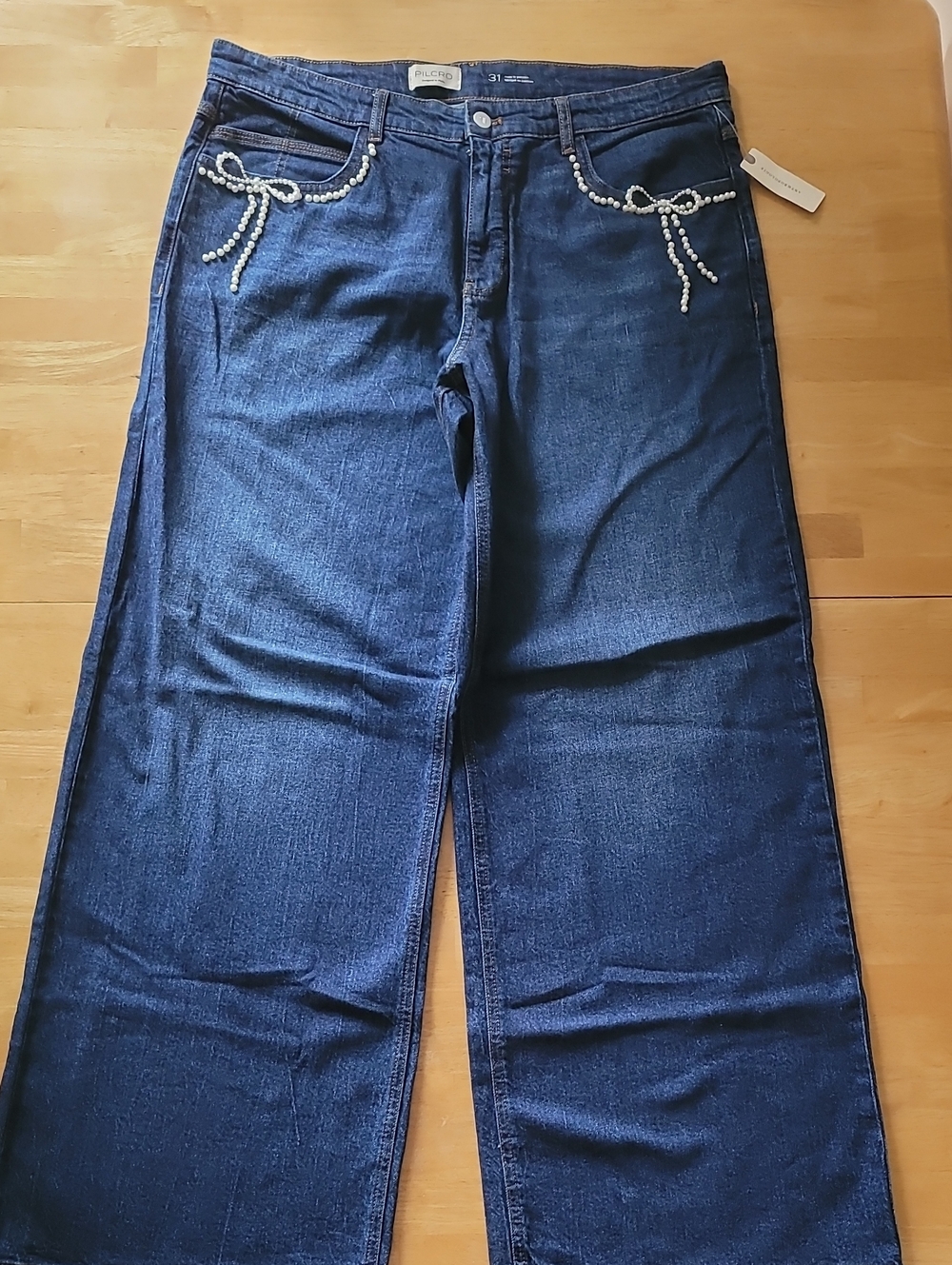 Pilcro Anthropologie Pearl-Embellished Low-Rise Wide-Leg Jeans - Picture 3 of 12